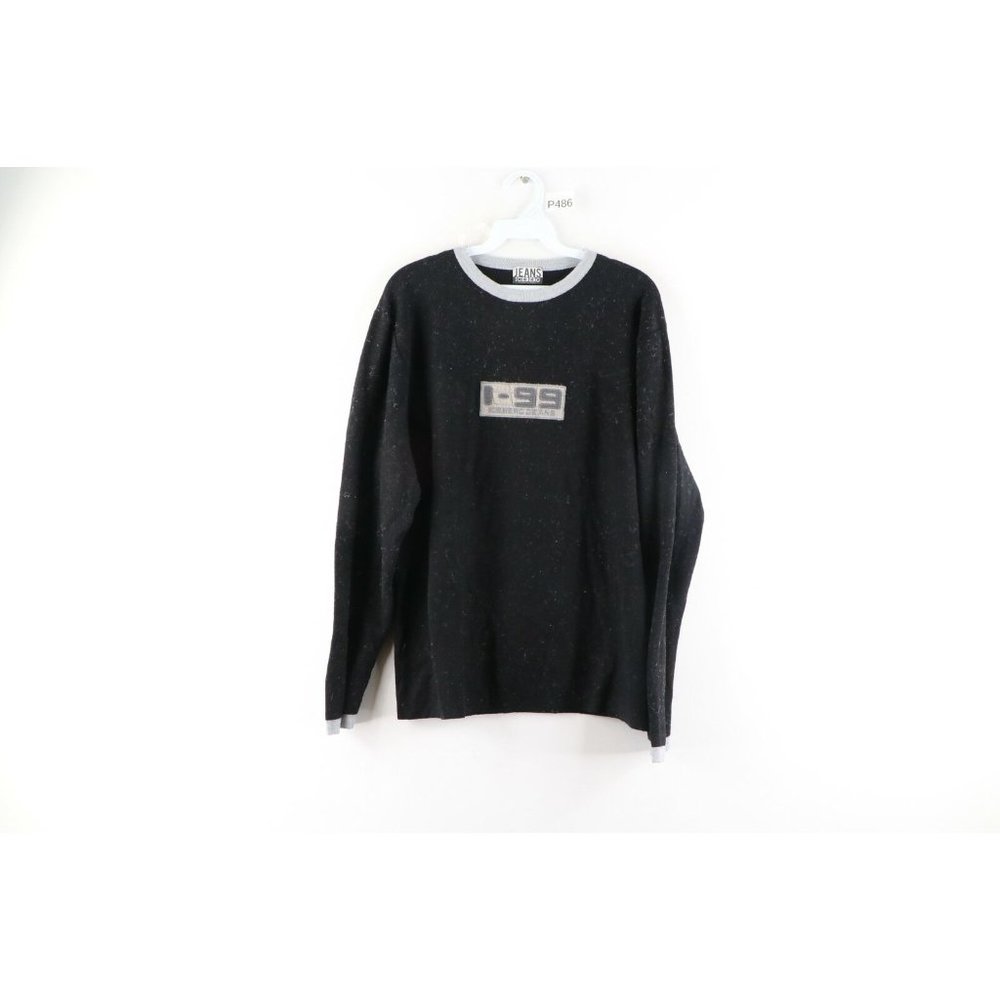 Vintage 90s Iceberg Jeans Streetwear Large Spell Out Distressed Wool Sweater